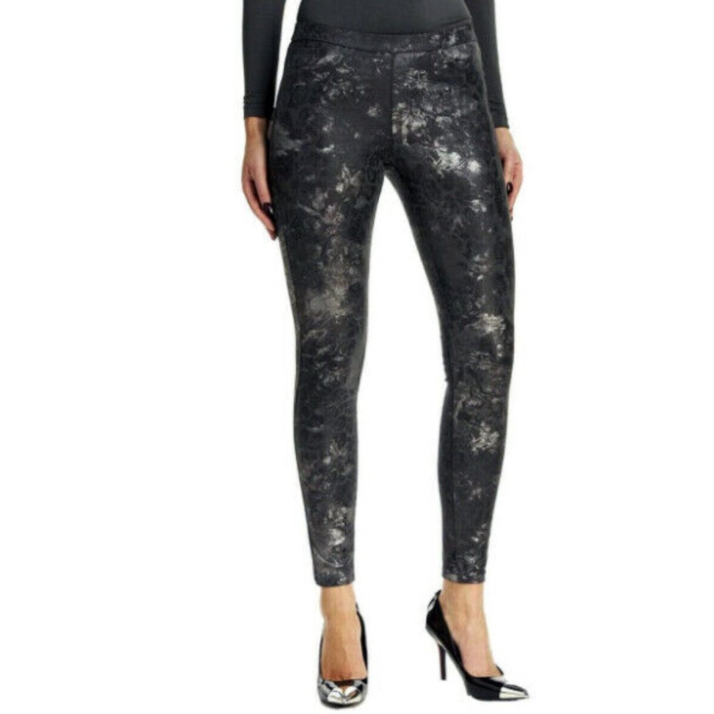 NEW Hue Marbled Metallic Microsuede Leggings Black Stretch Womens Size Small